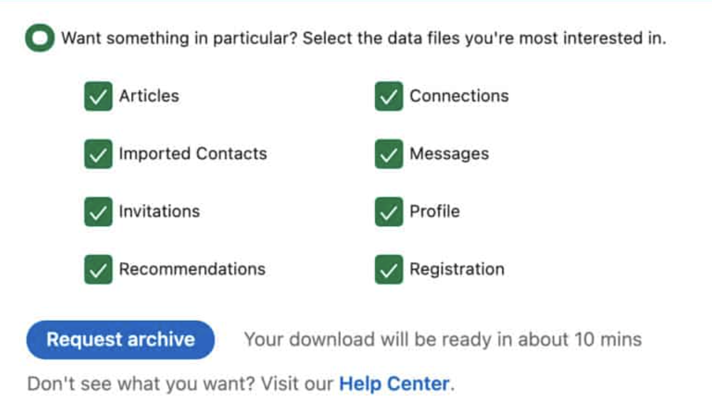 LinkedIn data export selection boxes